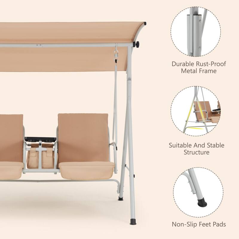 Outdoor Porch Swing with Stand, 2 Person Swing with Canopy, Pivot Storage Table, 2 Cup Holders, Cushions for Patio, Backyard
