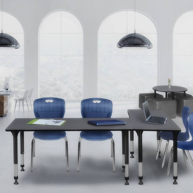 72 in. Height Adjustable Classroom Table - Grey & 2 18-in Stack Chairs- Navy Blue
