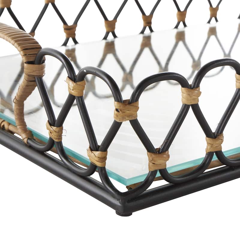 Metal Circular Woven Living Room Decor Tray with Glass Base - Black - Roche River Decor