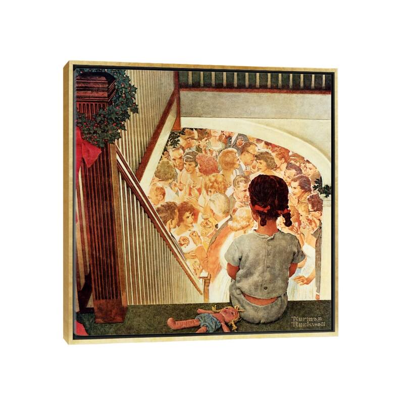 iCanvas "Little Girl Looking Downstairs at Christmas Party" by Norman Rockwell Framed Canvas Print - 26x26 - Gold