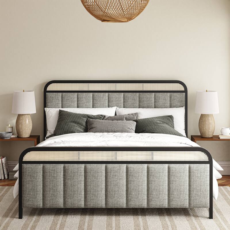 Alphons Modern Solid Wood Frame Ratten Bed with LED Headboard by HULALA HOME