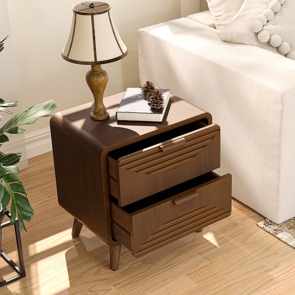 Mid Century Modern Nightstand With Drawer - Rustic Brown Fluted End Table For Bedroom & Small Spaces