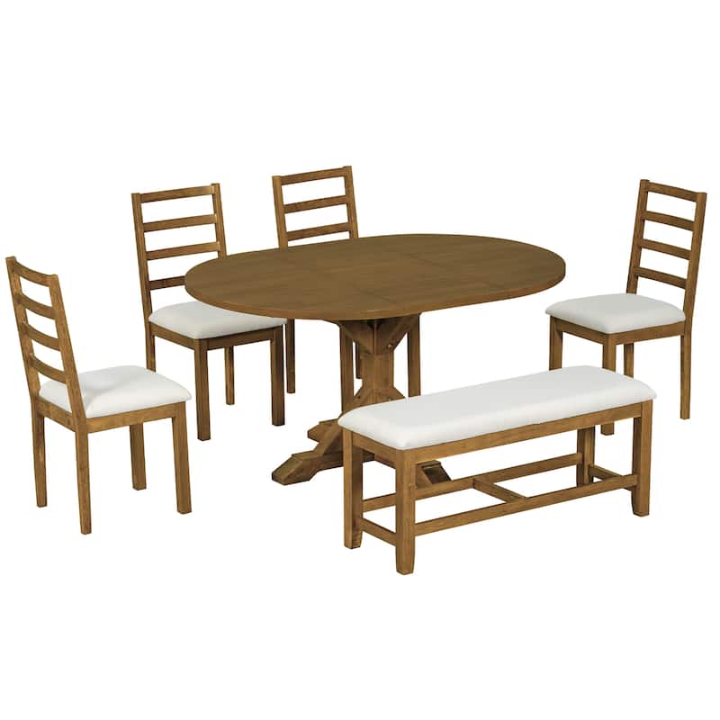 Farmhouse 6-Piece Extendable Dining Table Set with Removable Leaf and Versatile Dining Bench