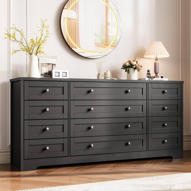 Dresser for Bedroom,Withe Long Wood Dresser with 12 Drawers,Storage Chest of Drawers with Plug-in Charging Hub