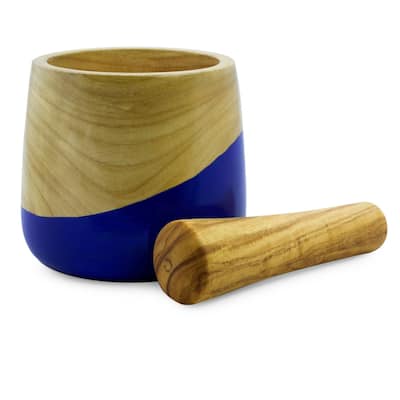 NOVICA Handmade Spicy Blue Wood Mortar And Pestle (Guatemala) - 4.5" H x 4.9" Diam.