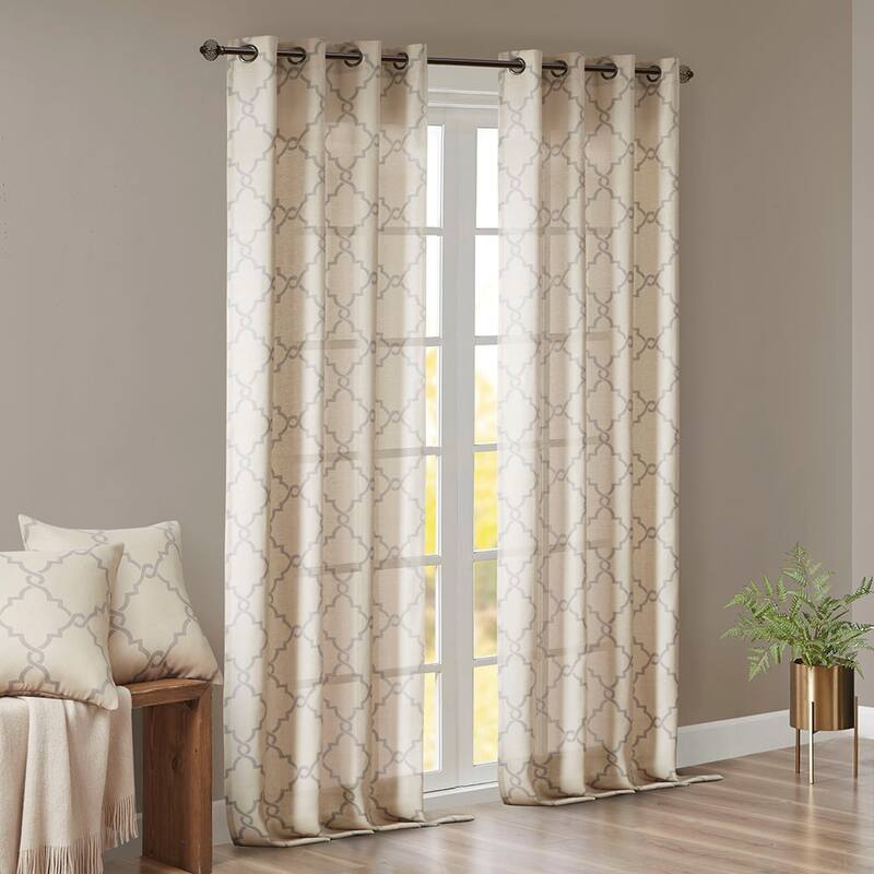 Fretwork Print Grommet Top Window Curtain Panel(Only 1 Pc Panel) - Beige+Grey - 84 Inches