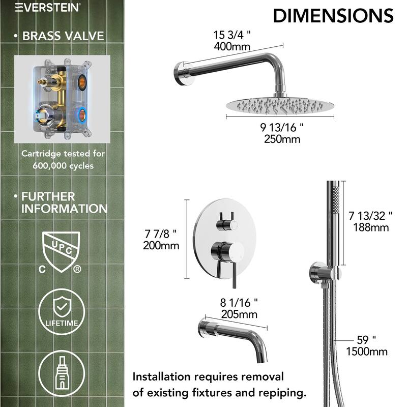 Pressure Balance 3-Functions Shower Head System 10" Shower Faucet Set with Tub Faucet Spout