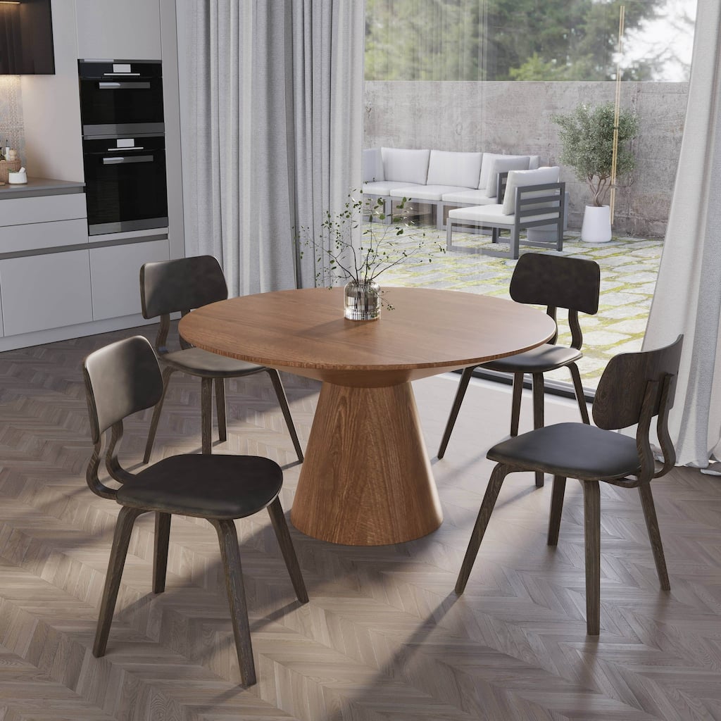 5-Piece Dining Set with 47-Inch Round Ash Wood Dining Table and 4 Leather Accent Side Chairs