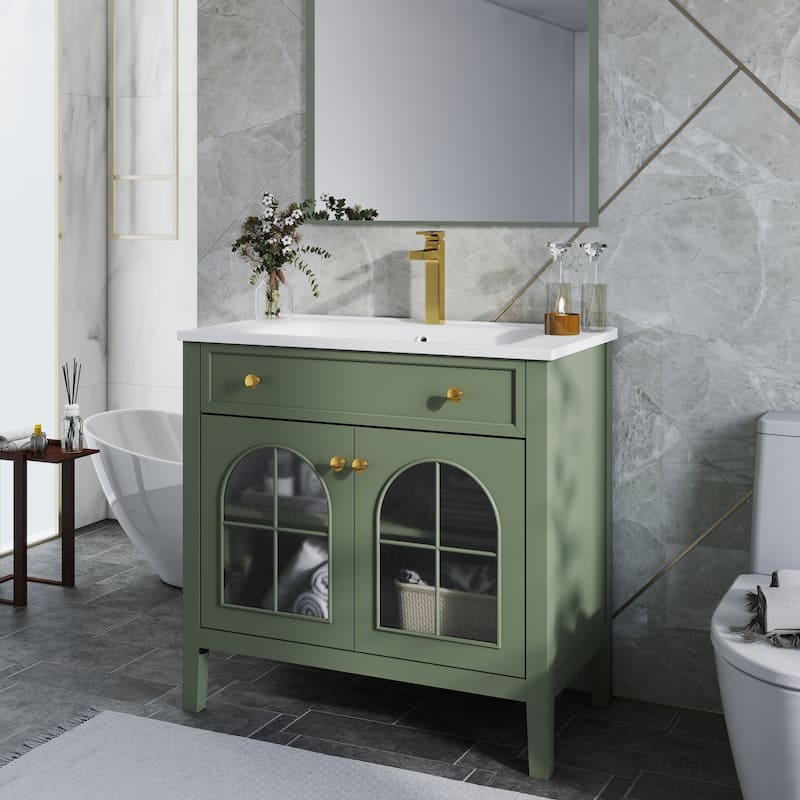 Modern Single Sink Bathroom Vanity Cabinet with Motion-sensor Light Strip & Patterned Glass, Ceramic Integrated Basin