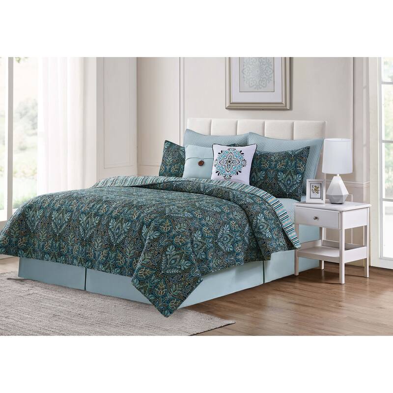 Bailey Blue Cotton Reversible Machine Washable Quilt Set