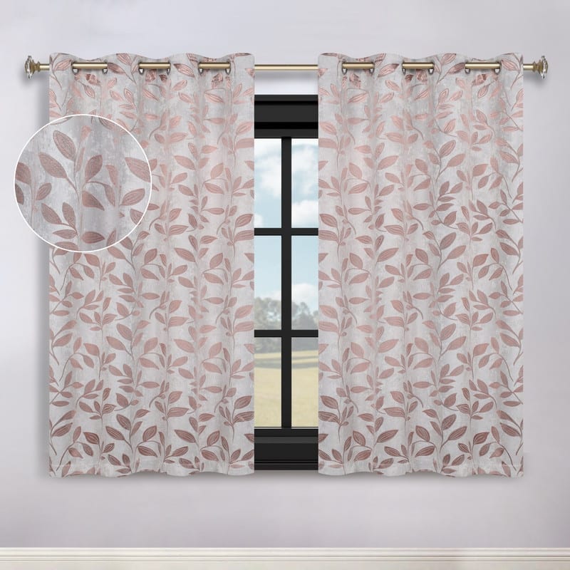 Superior Modern Bohemian Leaves Room Darkening Curtains with Grommets - 52" X 63" - Champagne