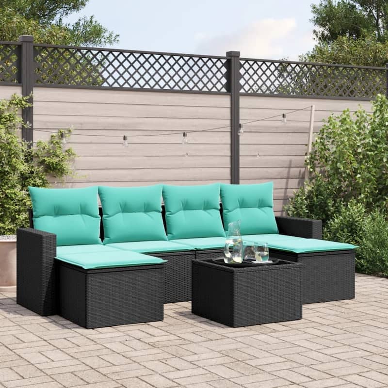 vidaXL Patio Sofa Set with Cushions Outdoor Conversation Furniture Poly Rattan - 25.8" x 24.4" x 27.2" - Black and blue with table