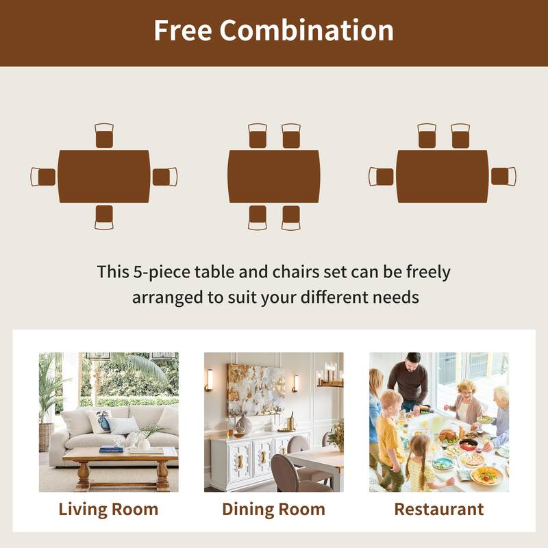 5 Piece Dining Table Set for 4, with Dining Table and 4 Upholstered Chairs, Rectangular Dining Table Set wIth Rubberwood Legs