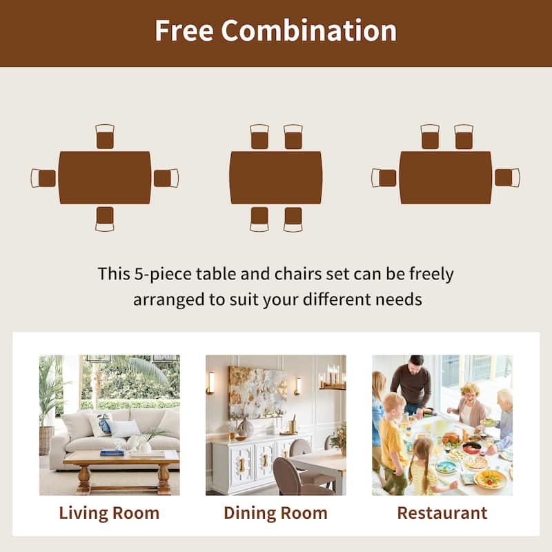 Mid-Century Modern Dining Table Set for 4, 5 Piece Farmhouse Solid Wood Dining Table and 4 Upholstered Chairs Set for Home