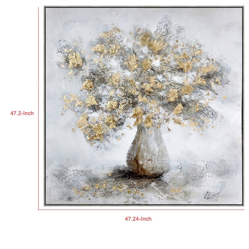 47 x 47 Modern Hand Painted Vase with Gold Foil Flowers and Silver Frame - Gray, White, Gold, Silver