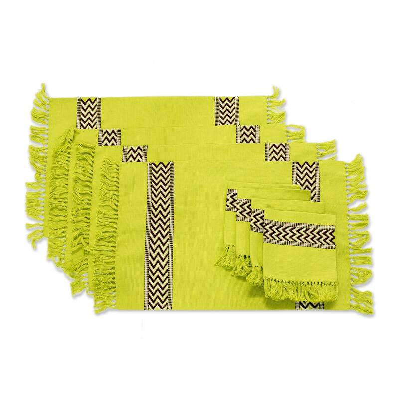 Handmade Set of 4 Cotton 'Lime Tree' Placemats and Napkins (Guatemala)