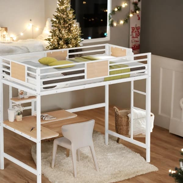 slide 2 of 24, Twin Metal Loft Bed with Desk and Shelve White