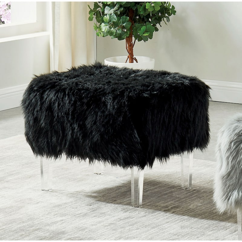 Andral Contemporary Faux Fur Acrylic Ottoman by Silver Orchid - Black