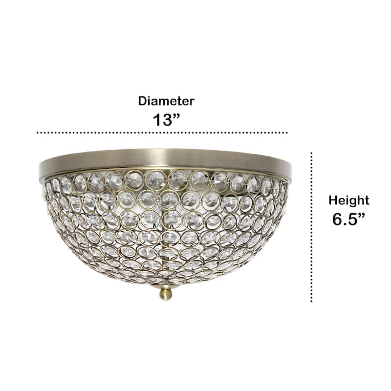 Dome Crystal 2 Light Flush Mount Ceiling Light Fixture - 13" - Antique Brass