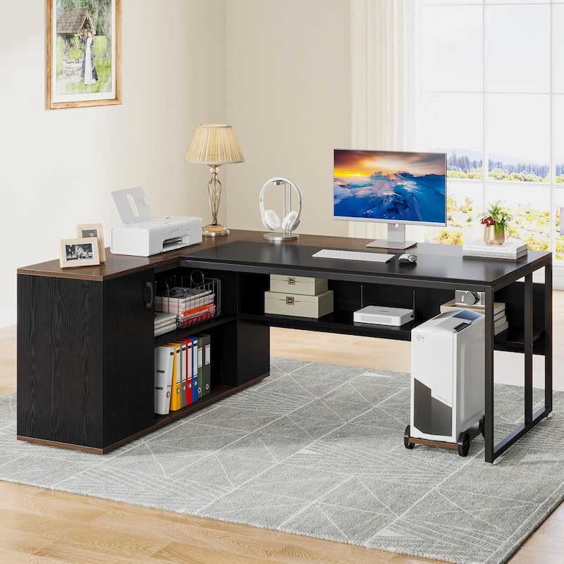 71" L-Shaped Executive Desk, Large Office Desk with Cabinet