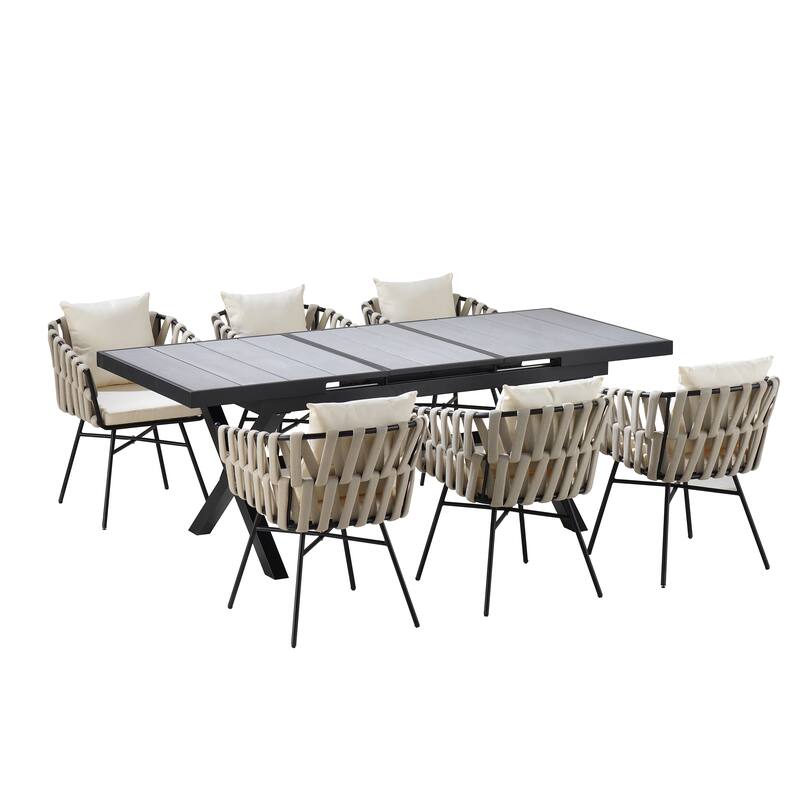 Outdoor 7-Piece Extendable Dining Table Set w6 Weaving Dining Chairs