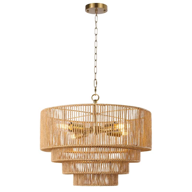 4-Light Dimmable Hand-Woven Rattan Tiered Chandelier - Brown