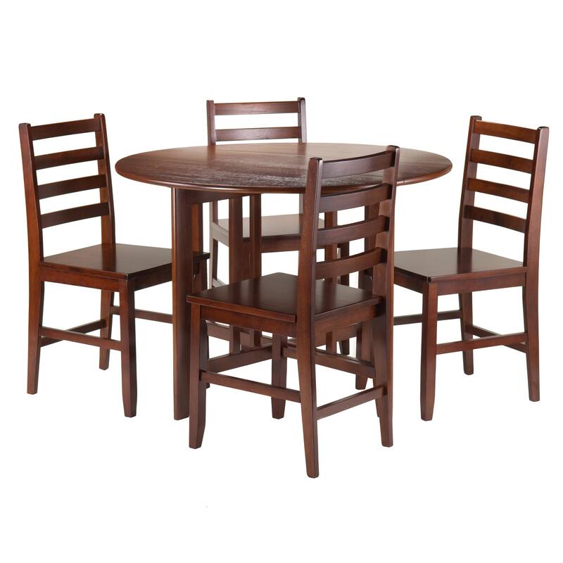 5 Warm Antique Walnut Round Drop Leaf Table Ladder Back Chairs 29.5"