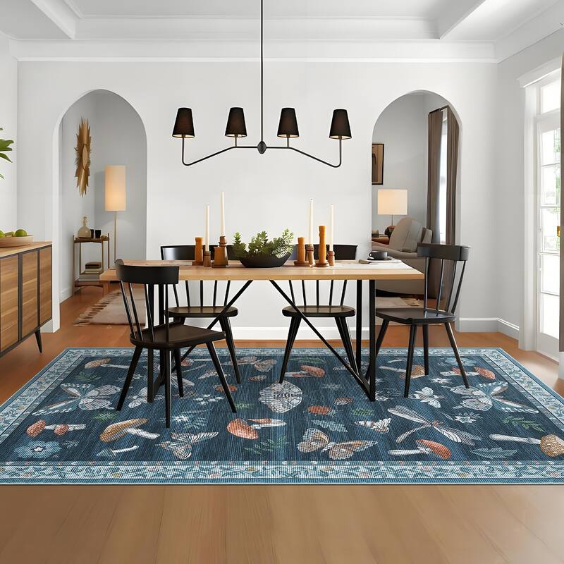 Area Rugs for Living Room Modern Insect Rug Mushroom Pattern Rug Soft Washable Non Slip Low Pile Rug