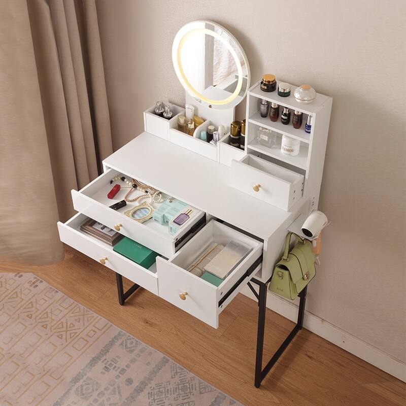 Vanity Desk with Lighted Mirror & Power Outlet