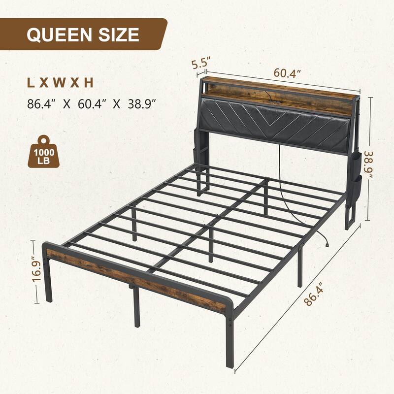 Metal Platform Bed Frame with 105掳 Tilted Leather Backrest Headboard, LED Lighting, Charging Station, Noise-Free, Antique Brown