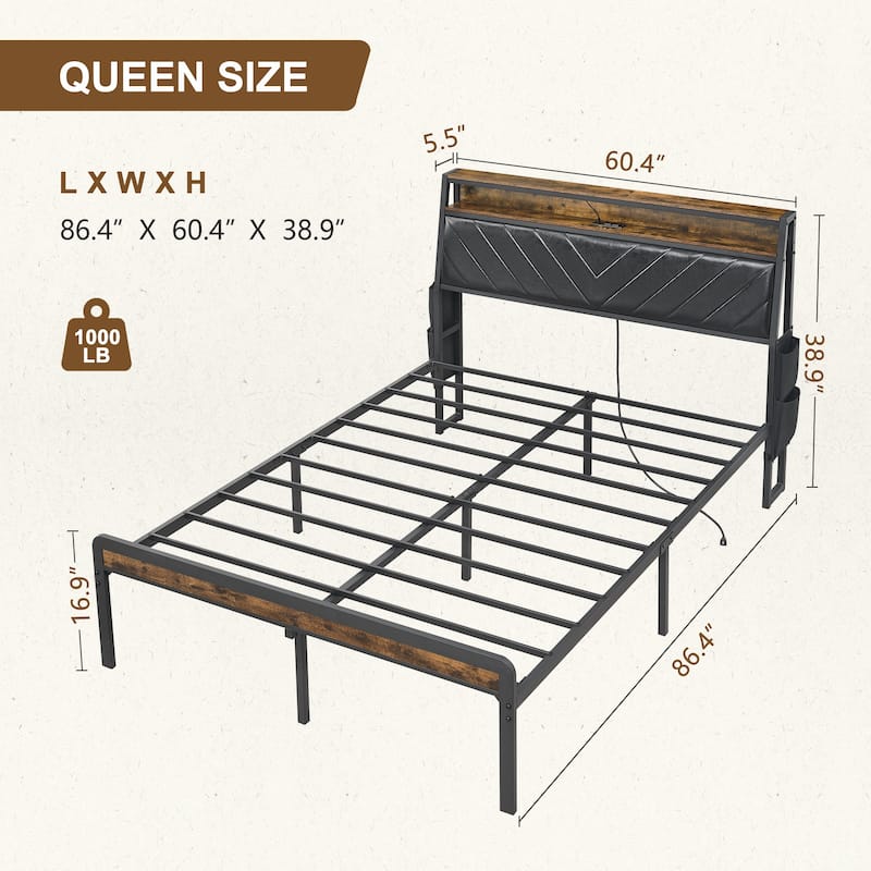Platform Bed with Tilted Upholstered Headboard, Charging Station, and LED Lights