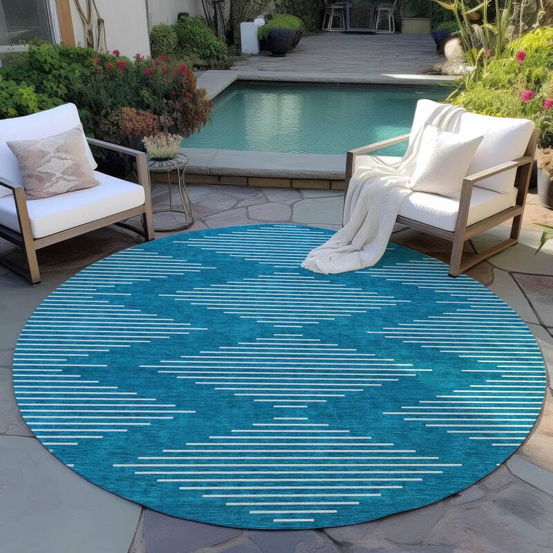 Machine Washable Indoor/ Outdoor Modern Stripe Chantille Rug - Teal - 8' x 8'