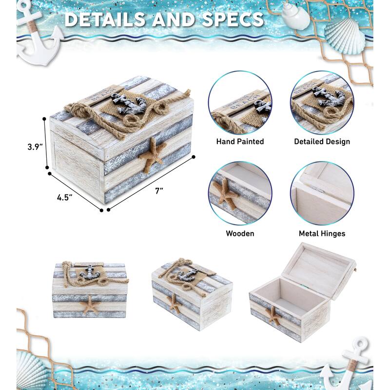 CoTa Global Silver Sea Wooden Jewelry Box w/ Anchor & Starfish - Large - 7″Lx4.5″Wx3.9″H