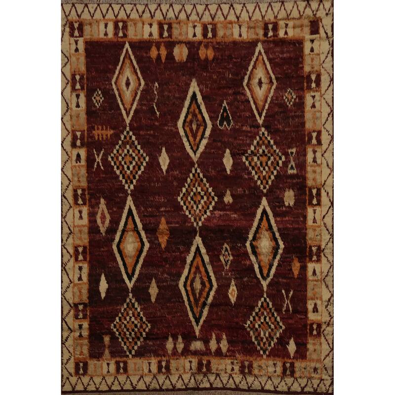 Hand Knotted Oriental 100% Wool Carpet Modern Tribal Red Moroccan Area Rug - 9' 10'' X 8' 3''