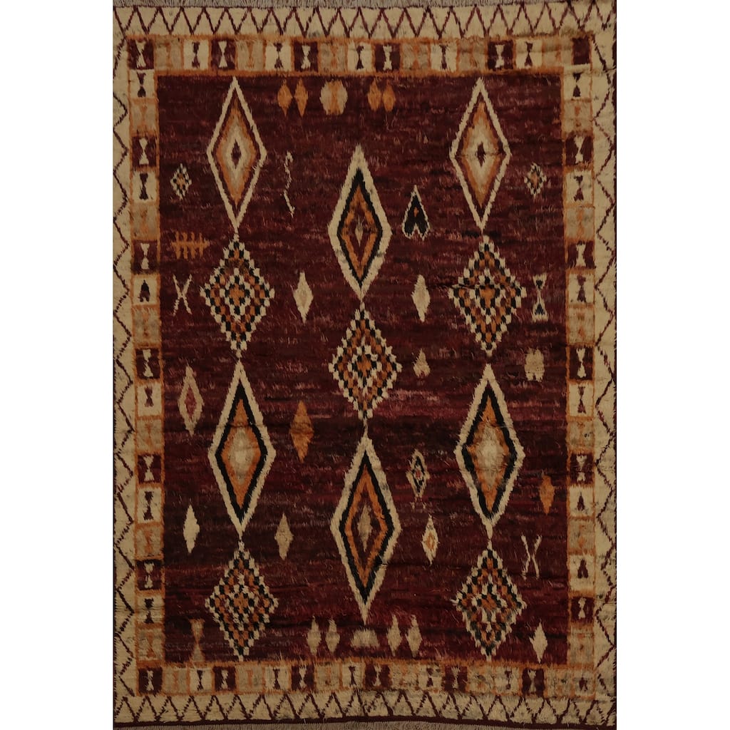 Hand Knotted Oriental 100% Wool Carpet Modern Tribal Red Moroccan Area Rug - 9' 10'' X 8' 3''