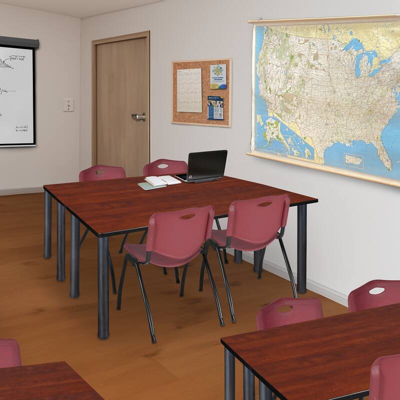 66" x 24" Kee Training Table- Cherry/ Black & 2 'M' Stack Chairs- Burgundy