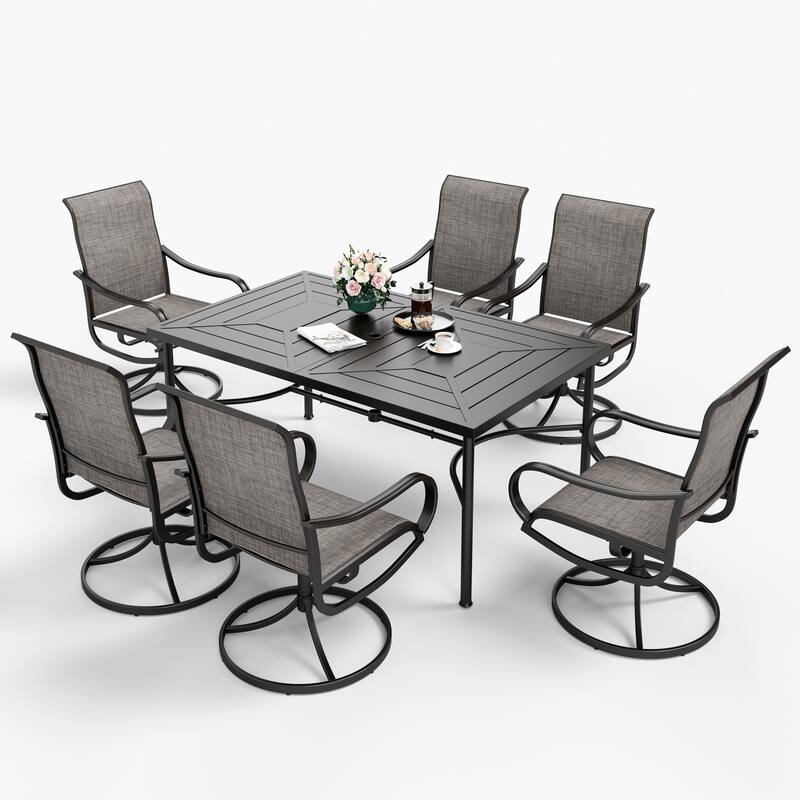 MAISON ARTS 7-Piece Patio Dining Set of 6 Sling Swivel Chairs and a Metal Dining Table