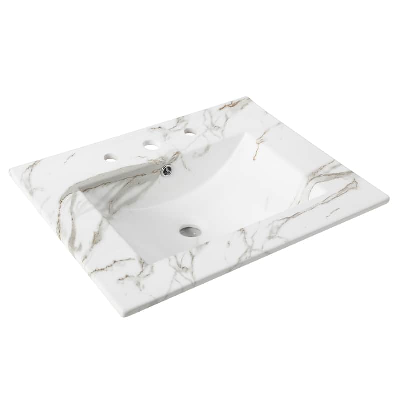 Aubert 3-Hole Classic Contemporary Rectangular Ceramic Single Sink Basin Vanity Top, by JONATHAN Y - 24 in. - White Marble Effect