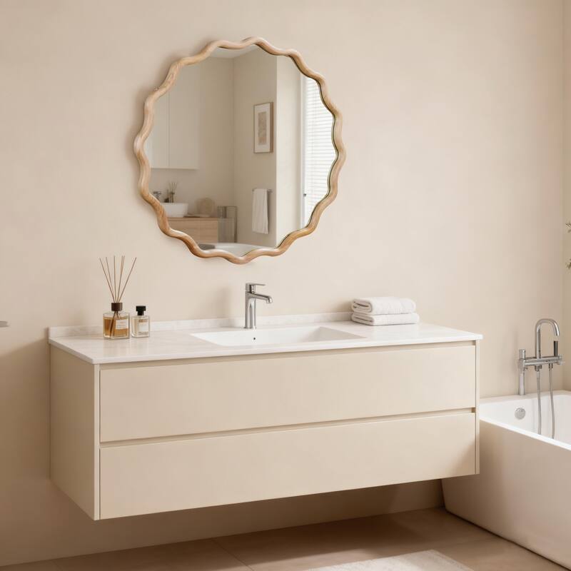 Wavy Round Solid Wood Frame Decorative Mirror Modern Farmhouse Wall Mirror For Bedroom Bathroom Living Room Entryway