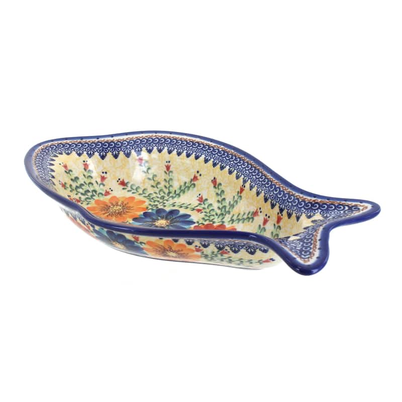 Blue Rose Polish Pottery 451 Vena Deep Fish Dish - Autumn Burst
