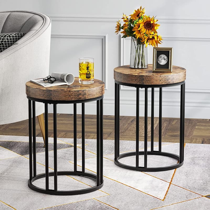 Round End Table, Modern Side Table Small Accent Table Nightstand - 2pcs - Brown