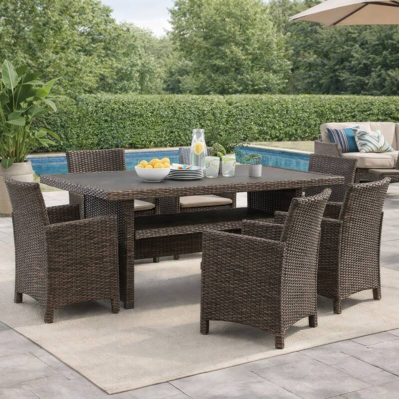 Soha 59 Inch Outdoor Multi Use Dining Table, Resin Wicker with Shelf, Brown