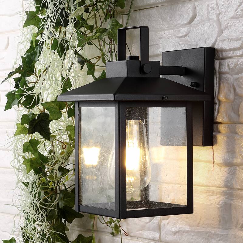 Cadiz 6.75" 1-Light Iron/Seeded Glass Rustic Traditional Lantern LED Outdoor Lantern, Black (Set of 2) by JONATHAN Y