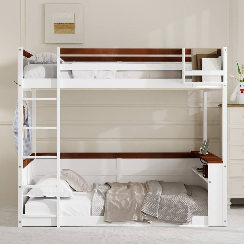 Queen size Wooden Bunk Bed with Built-in Shelves and LED Light, USB Charging Station for Living Room