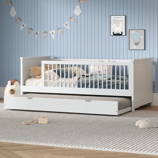 slide 2 of 28, Twin Platform Bed with Trundle and Guardrail for Home White