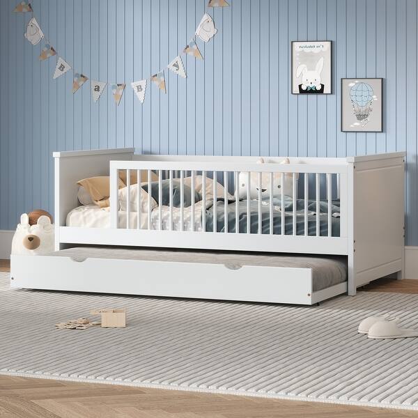 slide 2 of 14, Wood Twin Size Platform Bed with Trundle, Trundle Bed with Guardrail for Toddler,Child,White White