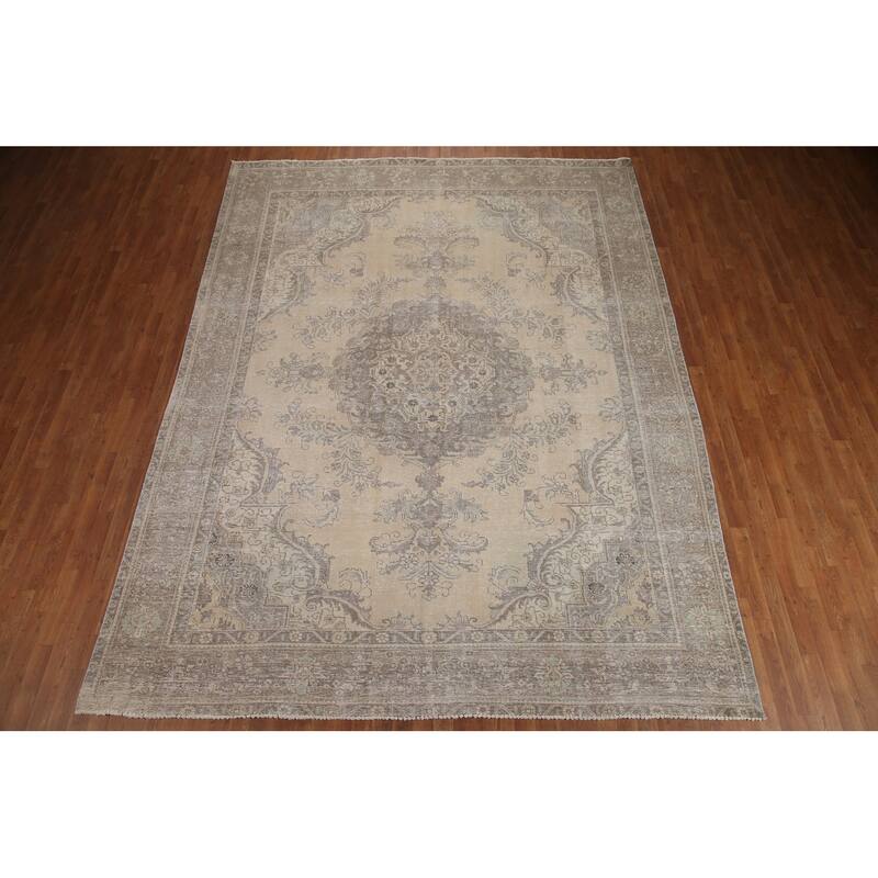 Hand Knotted Oriental 100% Wool Carpet Traditional Medallion Beige & Ivories Tabriz Area Rug - 12' 6'' X 9' 6''