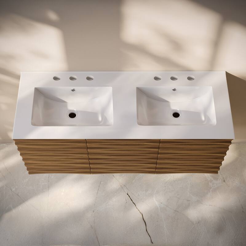 Cascade 48" Wall-Mounted Bathroom Vanity In Brown Oak With 3-Hole Widespread Double Basin Sink Top - 48