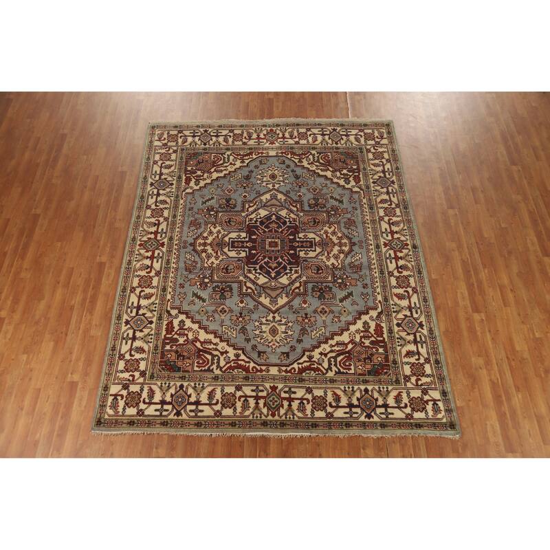 Hand Knotted Oriental 100% Wool Carpet Traditional Medallion Navy Blue & Blues Heriz (serapi) Area Rug - 9' 9'' X 7' 11''