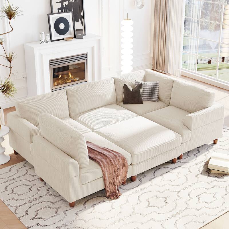 Modular L-Shaped Sofa with Ottoman, Beige Polyester, 97x97x33 inches, 220 lbs